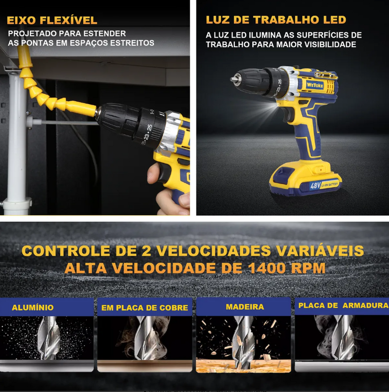 Furadeira Parafusadeira Impacto Sem Fio 36v Maleta 2 Bateria Amarelo 50 Hz/60 Hz